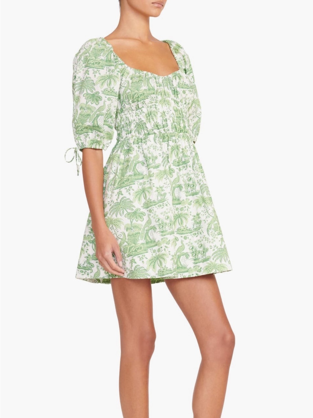 STAUD Faye Puff Sleeve Smocked Cotton Fit & Flare Mini Dress in Green Toile